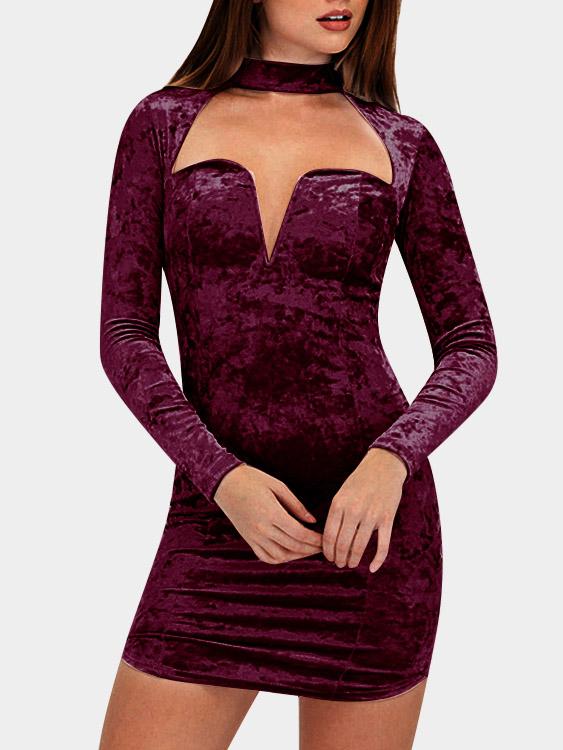 Wholesale Crimson Deep V Neck Long Sleeve Plain Cut Out Curved Hem Sexy Dress