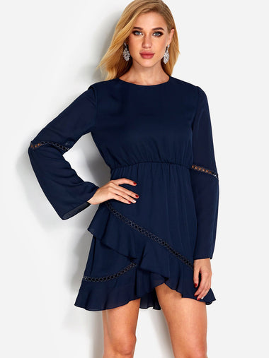 Wholesale Navy Round Neck Long Sleeve Wrap Sexy Dress