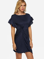 Wholesale Navy Round Neck Short Sleeve Pleated Irregular Hem Sexy Dress