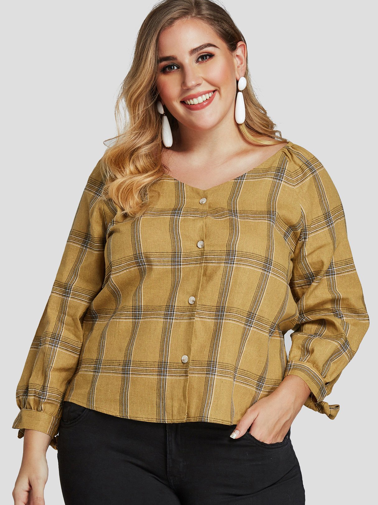 Wholesale V-Neck Grid Long Sleeve Khaki Plus Size Tops