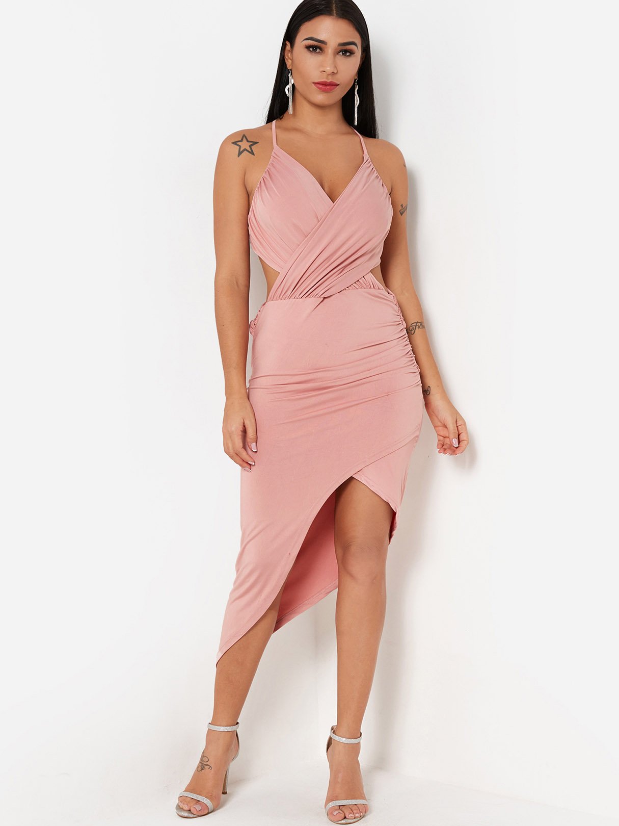 OEM Ladies Pink V-Neck Dresses