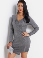 Wholesale Silver V-Neck Long Sleeve Crossed Front Irregular Hem Dresses