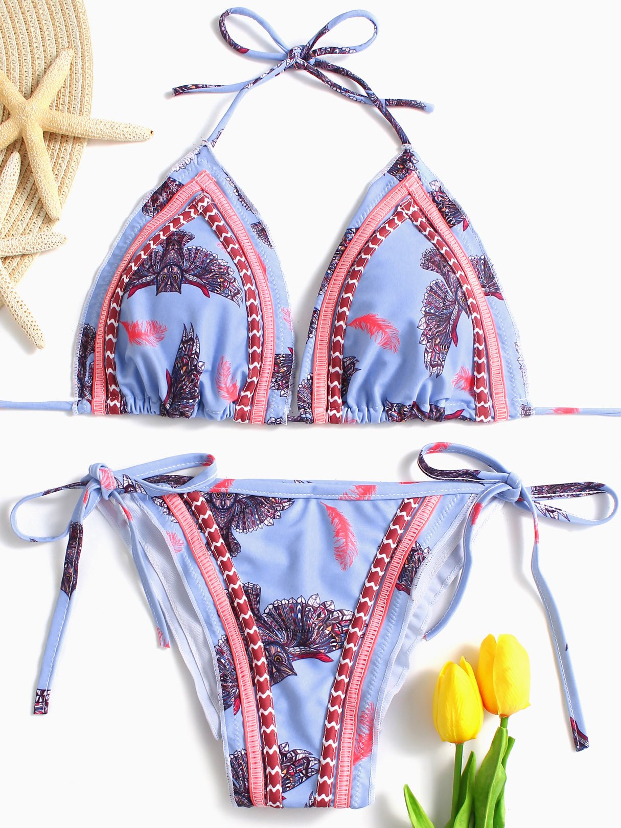 Wholesale V-Neck Sleeveless Printed Backless Pleated Tie-Up Bikinis