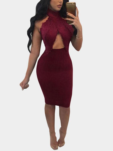 Wholesale Burgundy Halter Sleeveless Lace Cut Out Bodycon Hem Sexy Dresses