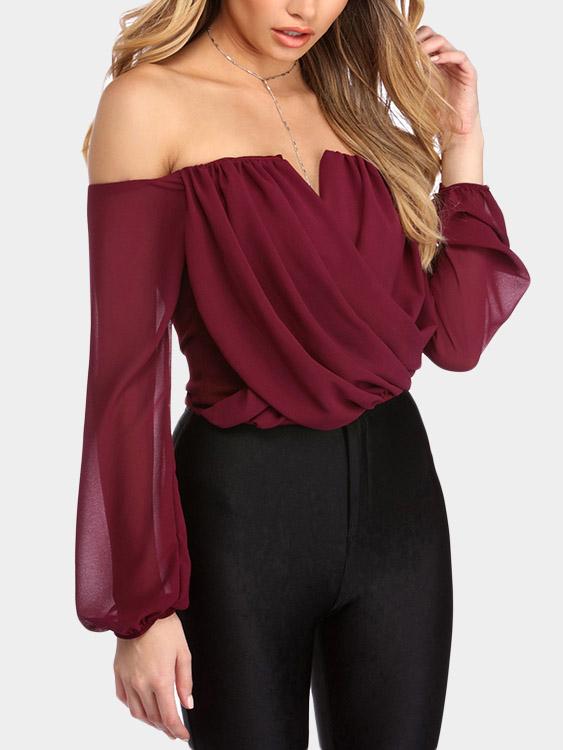 Wholesale Off The Shoulder Crossed Front Long Sleeve Blouses