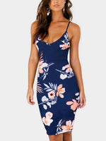 Wholesale Navy Halter Sleeveless V-Neck Floral Print Backless Sexy Dresses