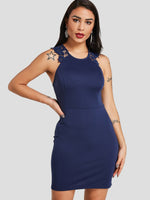 Wholesale Navy Halter Sleeveless Plain Zip Back See Through Sexy Dress