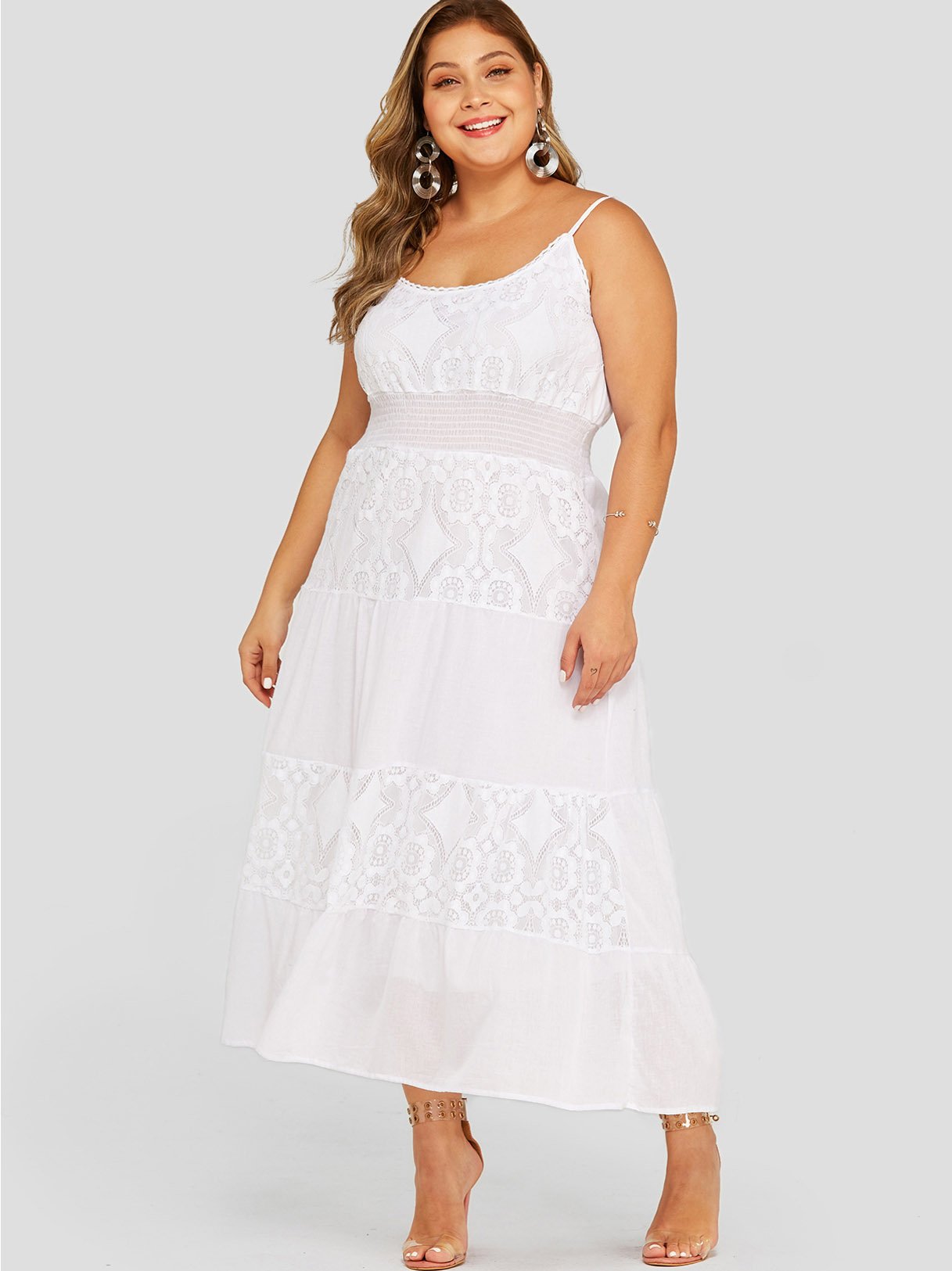 Wholesale Scoop Neck Plain Lace Spaghetti Strap Sleeveless White Plus Size Dress