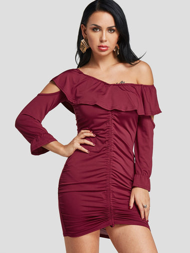 Wholesale Burgundy Off The Shoulder Long Sleeve Cut Out Bodycon Dresses