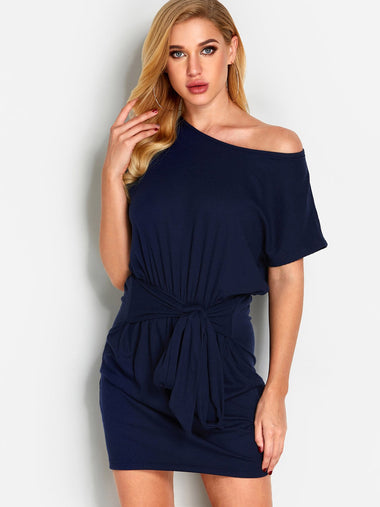 Wholesale Navy Round Neck One Shoulder Short Sleeve Lace-Up Sexy Dresses