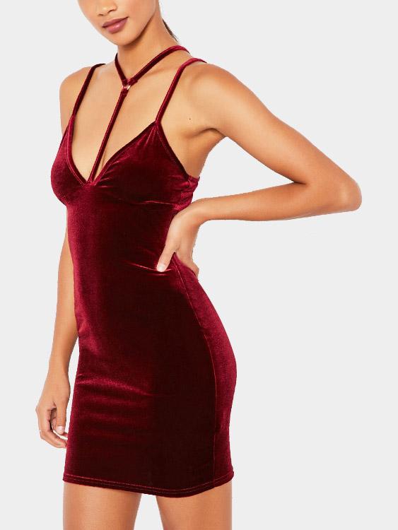 Wholesale Burgundy V-Neck Sleeveless Plain Spaghetti Strap Sexy Dresses