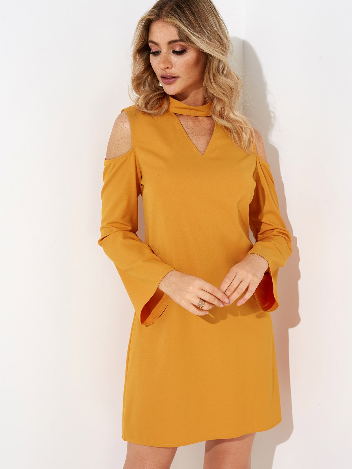 Wholesale Yellow Chimney Collar Long Sleeve Plain Hooded Cut Out Sexy Dresses