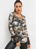 Wholesale V-Neck Lace Lace-Up Long Sleeve Curved Hem Camo Top