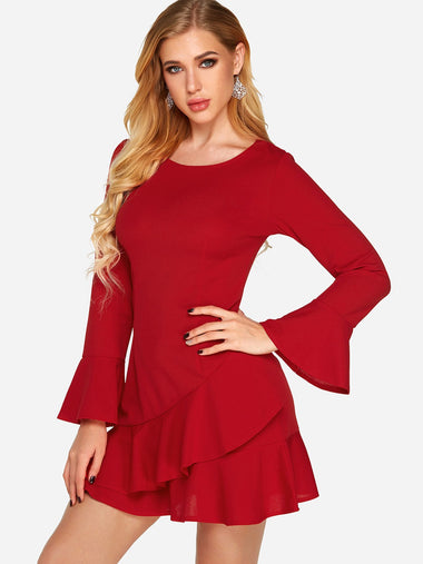 Wholesale Red Round Neck Long Sleeve Zip Back Flounced Hem Sexy Dress