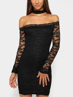 Wholesale Black Halter Off The Shoulder Long Sleeve Sheer Crochet Lace Embellished Mini Dress