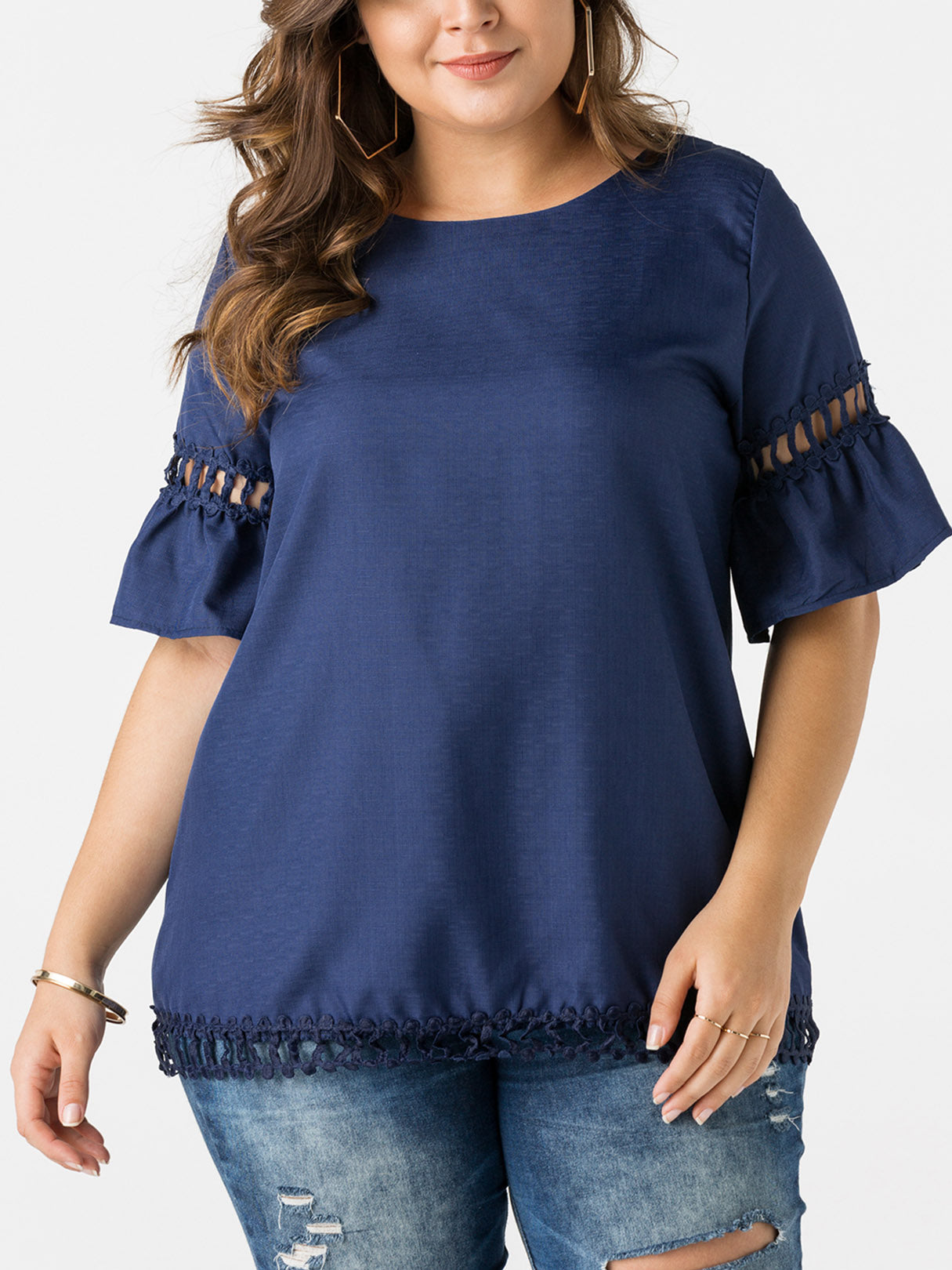 Wholesale Round Neck Plain Crochet Lace Embellished Zip Back Half Sleeve Blue Plus Size Tops