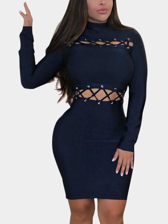 Wholesale Navy Crew Neck Long Sleeve Hollow Lace-Up Cut Out Bodycon Dresses