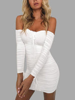 Wholesale White Off The Shoulder Long Sleeve Plain Lace-Up Pleated Self-Tie Dress