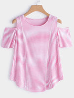 Wholesale Crew Neck Cold Shoulder Stripe Short Sleeve Curved Hem Pink T-Shirts