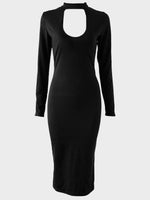 Wholesale Black Perkins Collar Long Sleeve Plain Cut Out Dresses