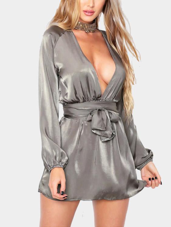 Wholesale Green V-Neck Long Sleeve Sexy Dresses