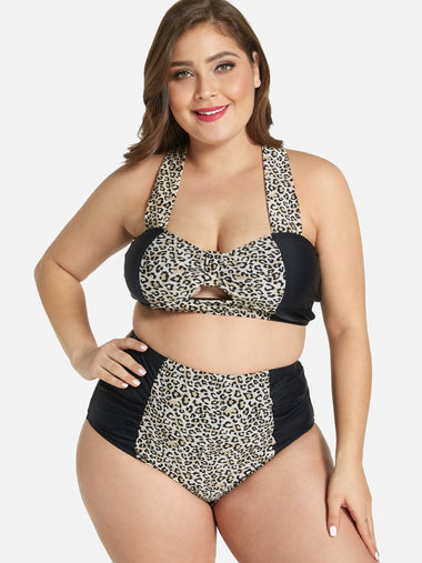 Wholesale Leopard Self-Tie Sleeveless Plus Size Swimwear