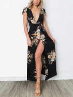 Wholesale Black Deep V Neck Short Sleeve Floral Print Slit Hem Maxi Dresses