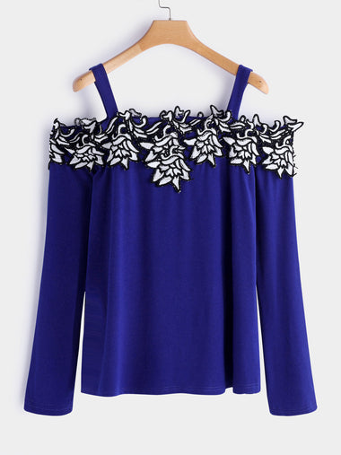 Wholesale Cold Shoulder Plain Crochet Lace Embellished Backless Long Sleeve Blue Plus Size Tops