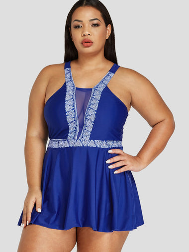 Wholesale Halter Printed Backless See Through Self-Tie Sleeveless Blue Plus Size Swimwear