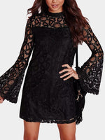 Wholesale Black Crew Neck Long Sleeve Lace Hollow See Through Sexy Dress