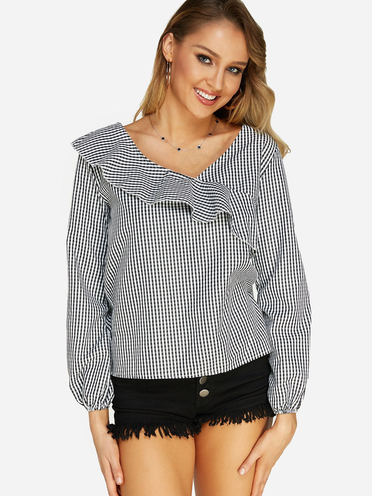 Wholesale V-Neck Grid Long Sleeve Grid Blouses