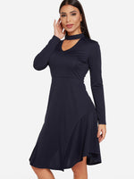 Wholesale Navy Crew Neck Long Sleeve Cut Out Ruffle Hem Sexy Dresses