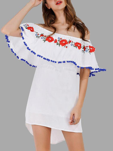 Wholesale White Off The Shoulder Short Sleeve Embroidered Tassel Sexy Dresses