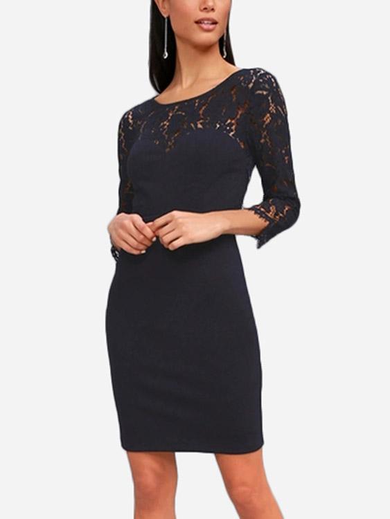 Wholesale Navy Round Neck 3/4 Sleeve Length Plain Lace Backless Hollow Sexy Dresses