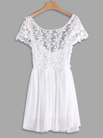 Wholesale White Round Neck Short Sleeve Plain Lace Zip Back Backless Midi Dress