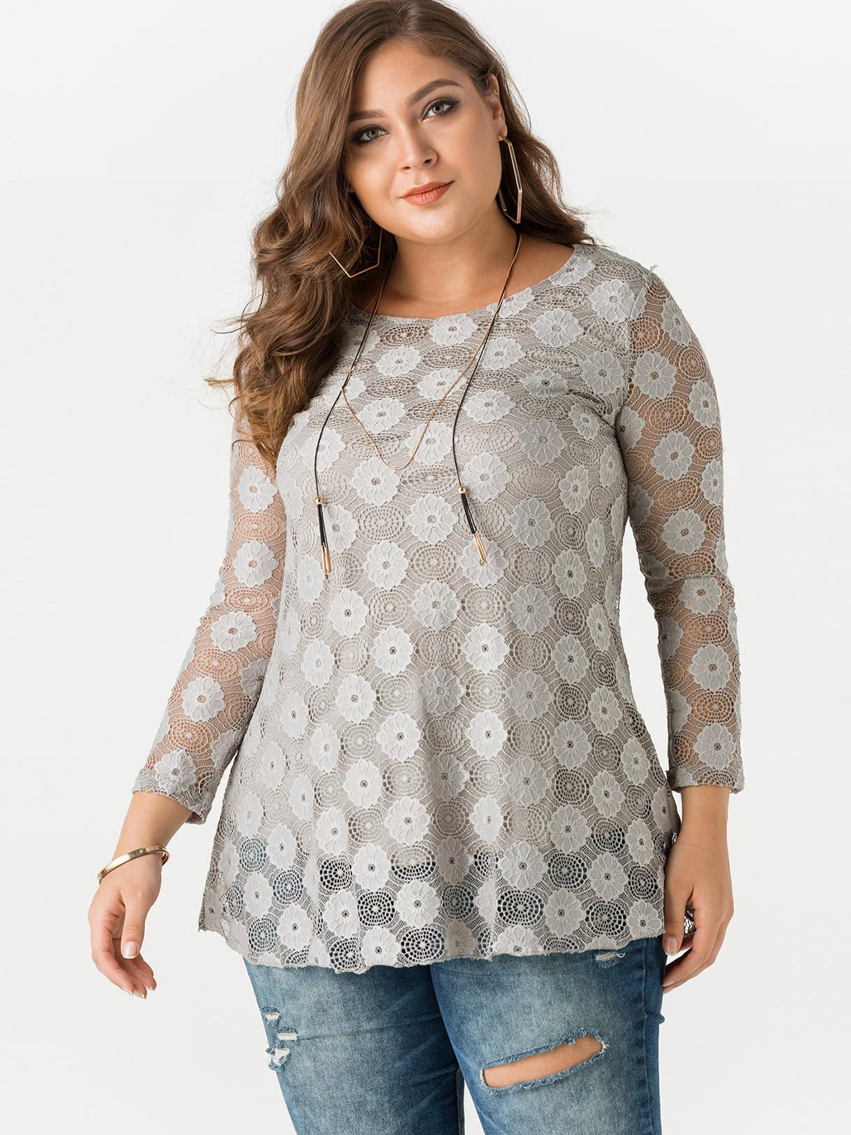 Wholesale Round Neck Plain Lace Hollow Long Sleeve Grey Plus Size Tops