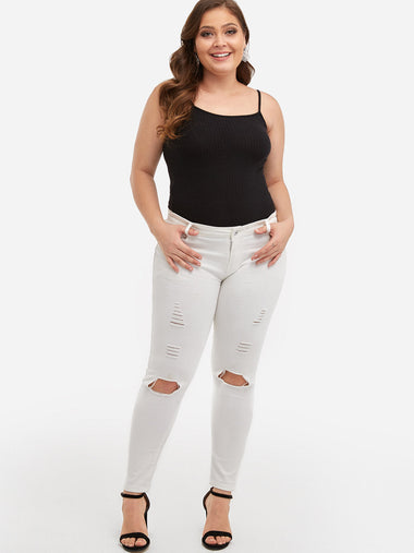 Wholesale Plain Random Ripped White Plus Size Bottoms