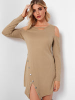 Wholesale Khaki Round Neck Cold Shoulder Long Sleeve Plain Cut Out Slit Hem Sexy Dresses