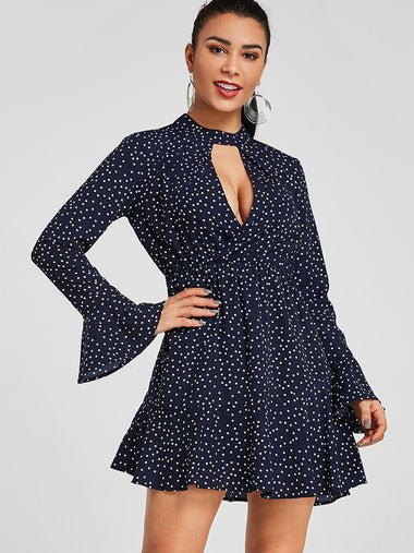 Wholesale Navy Deep V Neck Long Sleeve Polka Dot Cut Out Sexy Dress