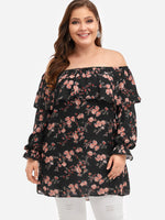 Wholesale Off The Shoulder Floral Print Calico Tiered Ruffle Trim Long Sleeve Black Plus Size Tops