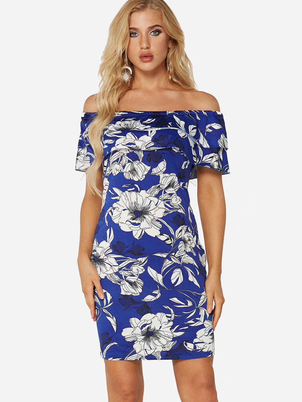 Wholesale Off The Shoulder Short Sleeve Floral Print Bodycon Dresses