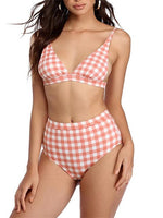 Wholesale Orange V-Neck Sleeveless Grid Bikini Swimsuit