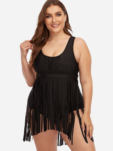 Wholesale Scoop Neck Tassel Backless Pleated Sleeveless Tassel Hem Black Plus Size Swimwear