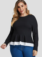 Wholesale Round Neck Plain Pleated Long Sleeve Flounced Hem Black Plus Size Tops