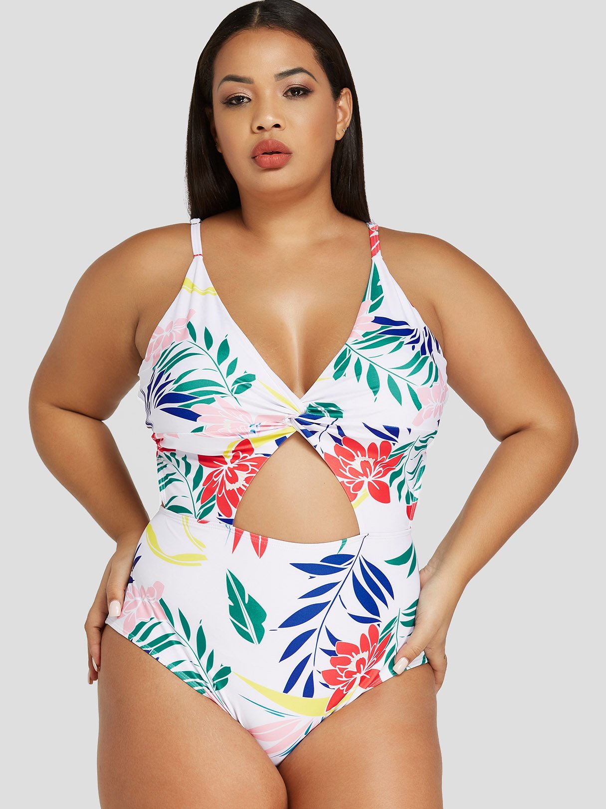 Wholesale V-Neck Floral Print Cut Out Sleeveless Plus Size Swimwear