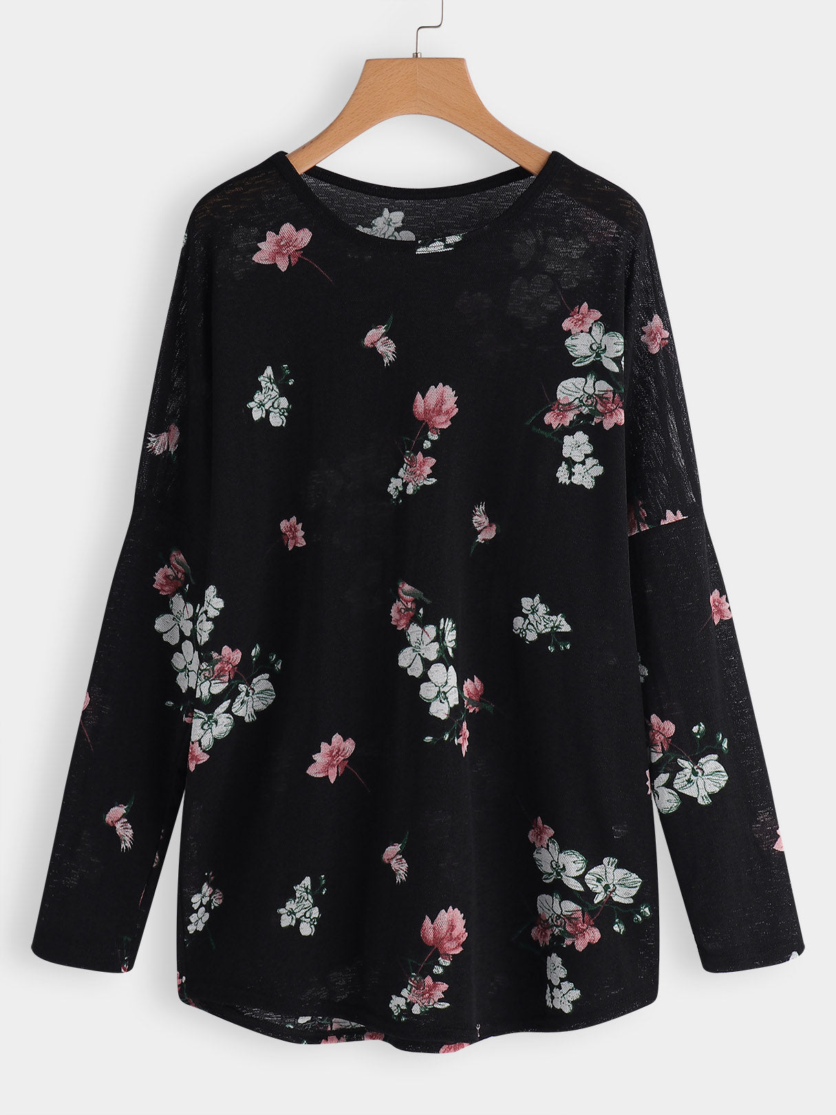 Wholesale Long Sleeve Round Neck Floral Print Calico Black Plus Size Tops