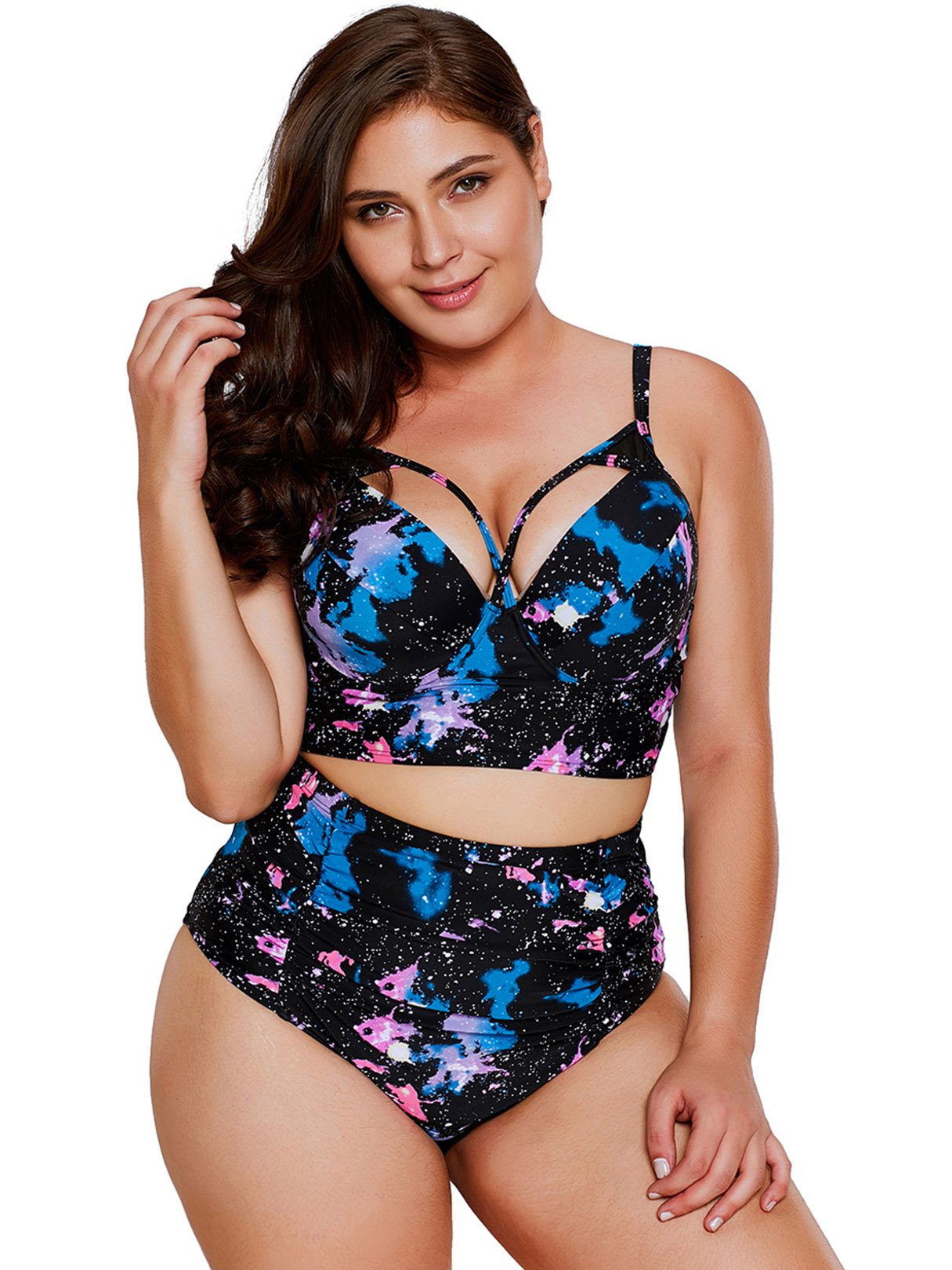 Wholesale V-Neck Floral Print Cut Out Sleeveless Black Plus Size Swimwear