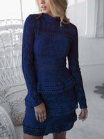 Wholesale Navy Crew Neck Long Sleeve Lace Zip Back Hollow Ruffle Hem Sexy Dresses