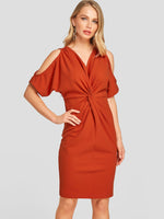 Wholesale Orange V-Neck Short Sleeve Backless Self-Tie Twist Sexy Dress