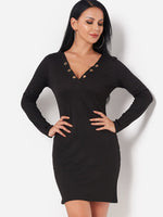 Wholesale Black V-Neck Long Sleeve Plain Hollow Dresses